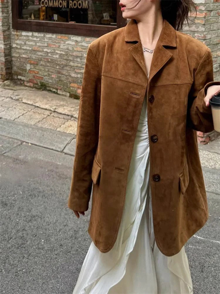 maoxiangshop  -  Vintage Suede Blazers Coat Women Loose Lapel Single Breasted Long Sleeve Pockets Jacket 2024 Autumn New Lady High Street Outwear