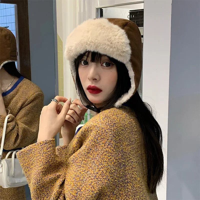maoxiangshop  -  Women Bomber Hat Suede Plush Lined Trapper Cap Winter Warmer Windproof Russian Pilot Caps Ear Protect Skiing Riding Leifeng Hats