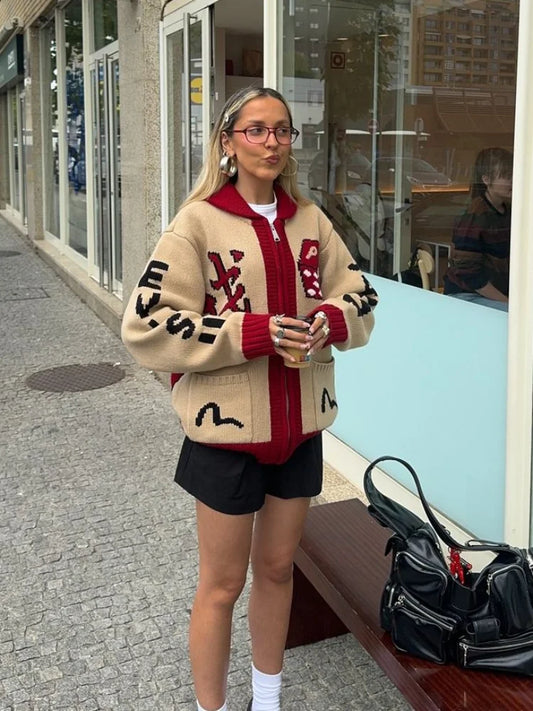 maoxiangshop  -  Women Fashion Contrasting Printed Knitted Coat Elegant Lapel Long Sleeves Zipper Loose Sweater Cardigan Autumn Lady Warm Coat
