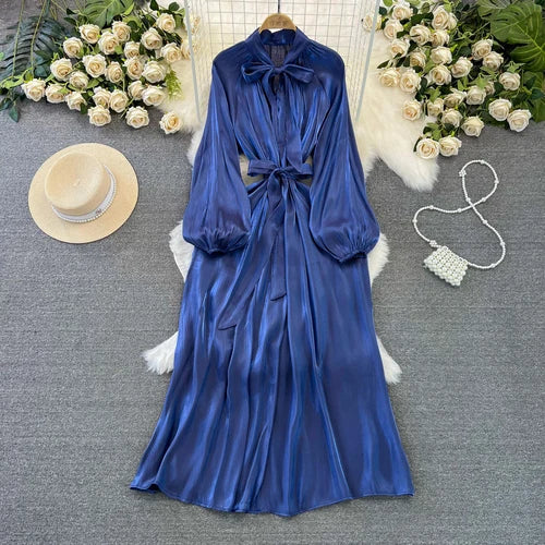 maoxiangshop Frenchic Vintage Long Dress Women Lace-up Bow Collar Lantern Sleeve Female Vestidos De Mujer Spring Elegant Dresses