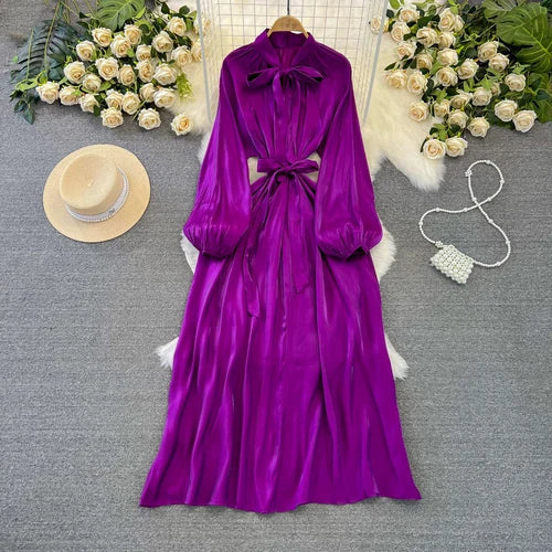 maoxiangshop Frenchic Vintage Long Dress Women Lace-up Bow Collar Lantern Sleeve Female Vestidos De Mujer Spring Elegant Dresses