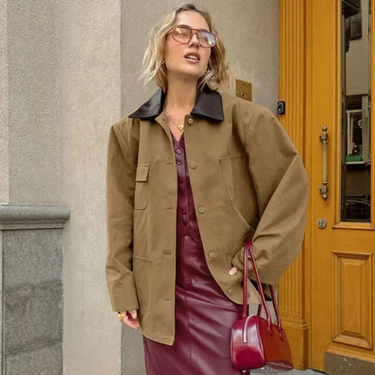 maoxiangshop  -  2024 Women Autumn Winter Cotton Short Trench Jacket And Coat Casual Outerwear Splicing Collar Jacket Casual Jacket