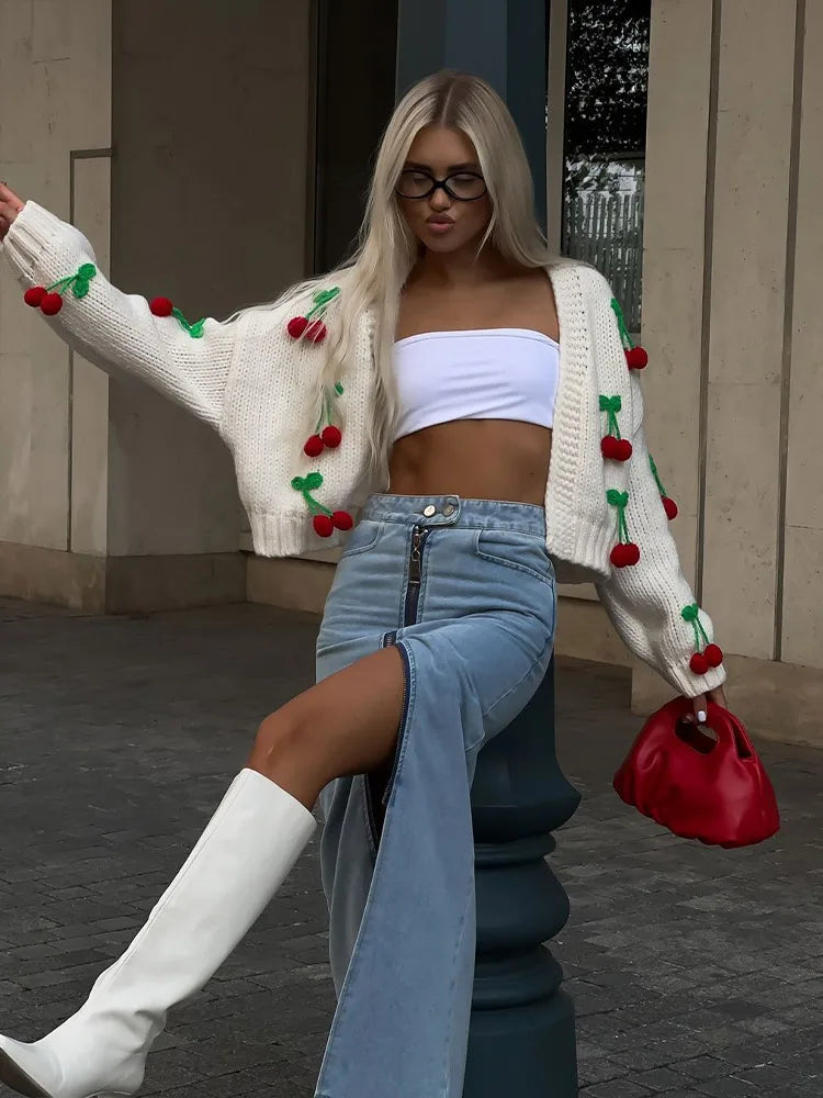 maoxiangshop  -  Sweet 3d Cherry Embroidery Cropped Knitted Cardigan 2024 Autumn Women Elegant Long Sleeve Short Sweater Female Chic Streetwear