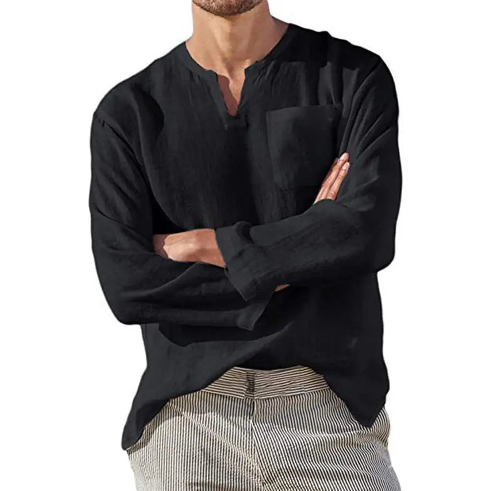 maoxiangshop Men Casual Cotton Linen ShirtsStanding Collar Male Solid Color Long Sleeves Loose Tops Spring Autumn Handsome Men's Shirts