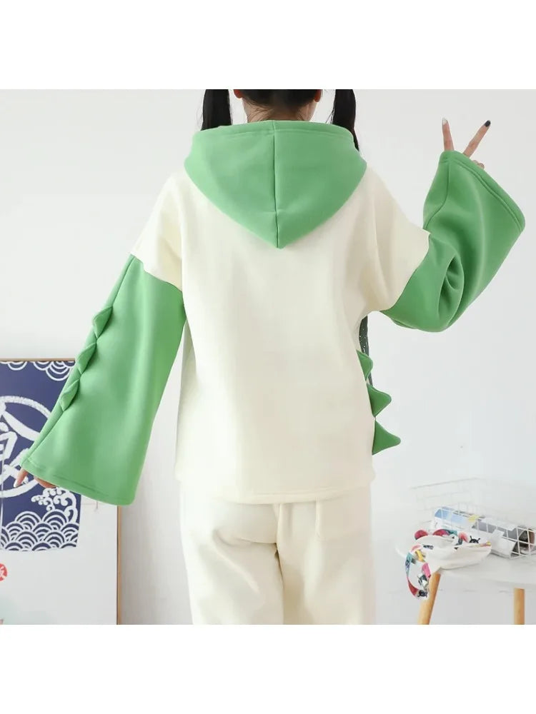 maoxiangshop Kawaii dinosaur print Harajuku Women Hoodies Fleece Hooded Sweatshirt Winter Sweet Style Korean Ladies Drawstring Tops