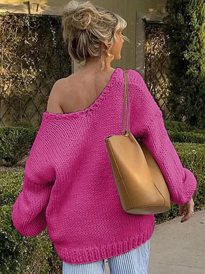 maoxiangshop  -   Loose Big V Neck knitted Sweater For Women Casual Solid Color Pullovers Top Long Sleeve Hollow Top Autumn Winter New 2024