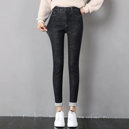 maoxiangshop Women Thermal Jeans Winter Snow Warm Plush Stretch Jeans Lady Skinny Thicken Fleece Denim Long Pants Retro Pencil Trousers