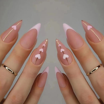 24Pcs Round Head Fake Nails with French Design Long Almond Pink Love False Nail Tips Wearable Acrylic Full Cover Press on Nails