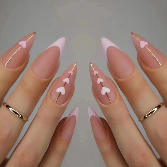 24Pcs Round Head Fake Nails with French Design Long Almond Pink Love False Nail Tips Wearable Acrylic Full Cover Press on Nails