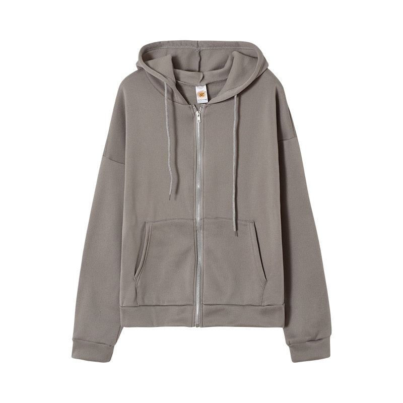 Sweatshirt Hoodie Oversize Hooded Cardigan Sweatshirts Gray Women Clothes Solid Zip Up Hoodies Autumn Women Tops Long Sleeves