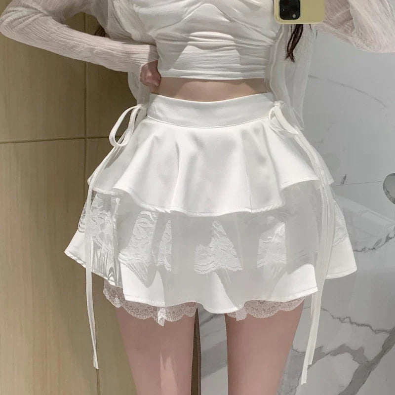 maoxiangshop Kawaii Pink Ruffle Mini Skirt Women Fairycore Lace Double-layer Cute High Waist Bandage Sexy Short Skirt Coquette Lolita