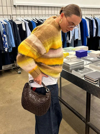 maoxiangshop  -  Fashion Contrast Stripled Sequins Women Sweater Autumn Lady Vintage O-neck Long Sleeve Pullover Warm Fluffy Knitted Jumpers
