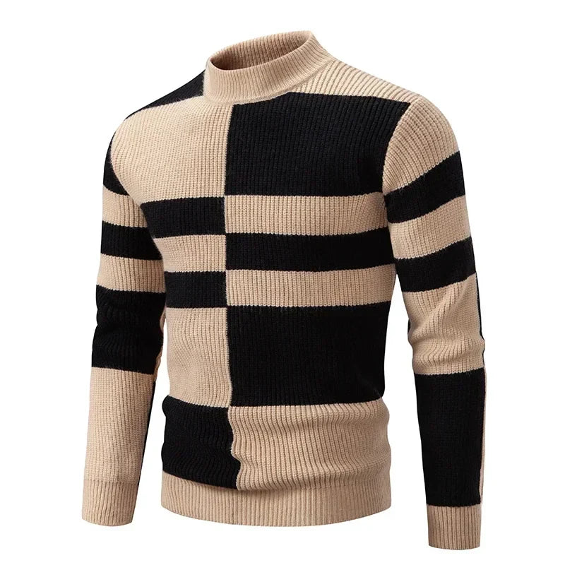 maoxiangshop Men's Autumn Winter New Mock Neck Pullovers Fashion Patchwork Knitted Warm Sweater Man Slim Fit Casual Knitwear Sweaters Tops
