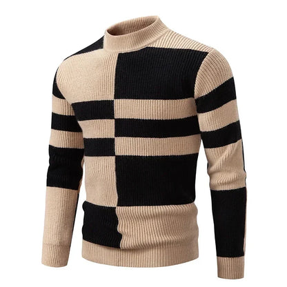 maoxiangshop Men's Autumn Winter New Mock Neck Pullovers Fashion Patchwork Knitted Warm Sweater Man Slim Fit Casual Knitwear Sweaters Tops