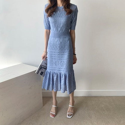 maoxiangshop Casual Chic Korean Temperament Slim Sexy Hollow Out Dresses O Neck Short Sleeve Wrap Hip Knitted Dress White Lady Summer
