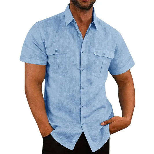 maoxiangshop Summer Cotton Linen Casual Shirts Men Short Sleeve Solid Color Turn Down Collar Shirt Mens Breathable Beach Style Blouse 5XL