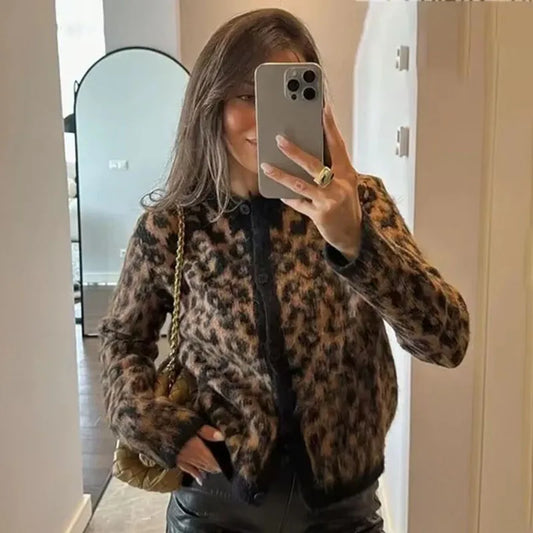 maoxiangshop  -  Fashion Lepard Knitted Sweater Cardigan For Women Loose Casual Long Sleeve Retro Single Breatted Sweater Autumn Outwear