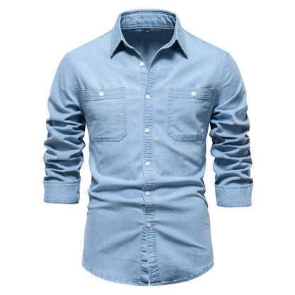 maoxiangshop New Autumn Men's Denim Shirt Cotton Elastic Casual Social Design Double Pockets Slim Jeans Shirts for Men