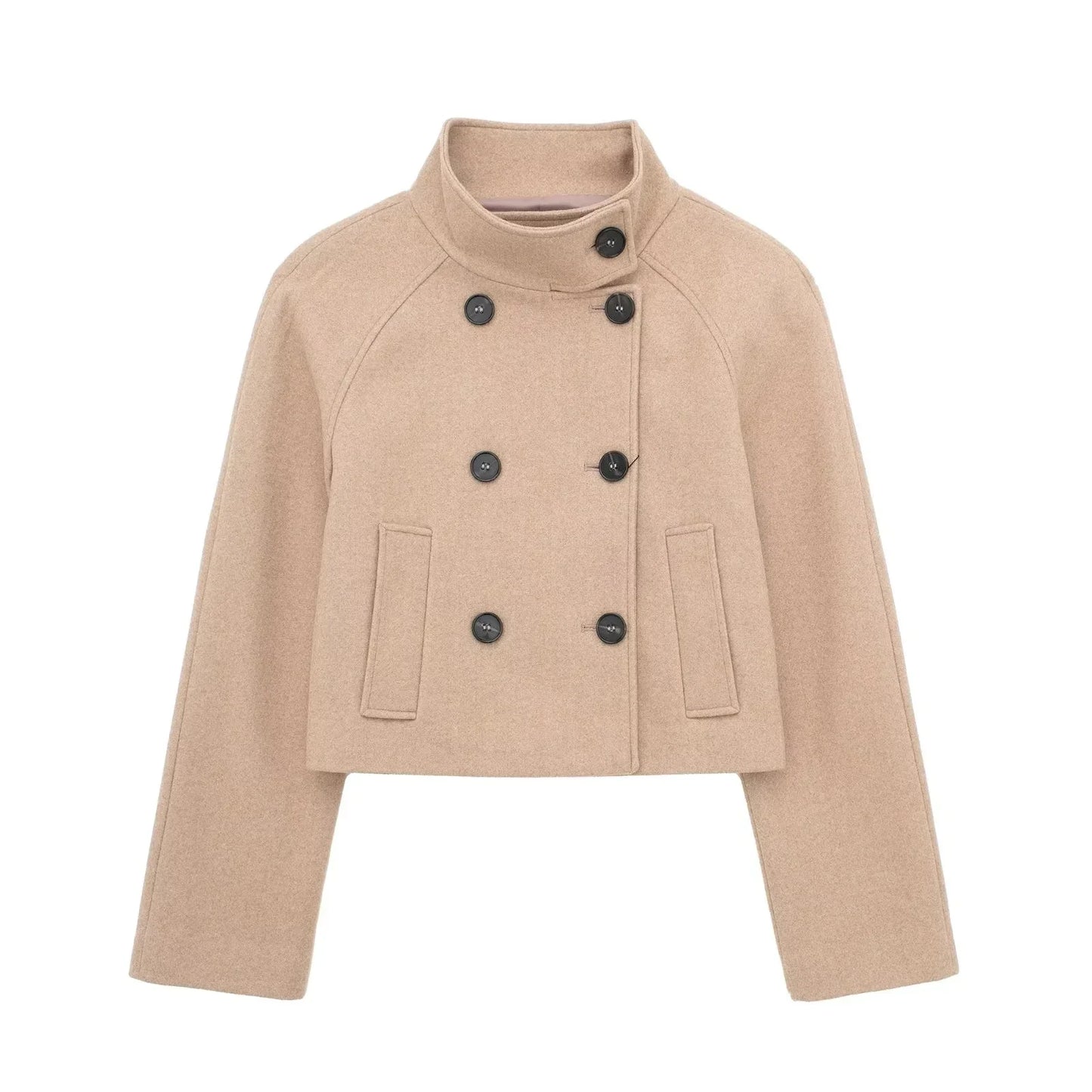 maoxiangshop -  Women's Winter Crop Jakcet Casual Long Sleeve Double Breasted Stand Collar Wool Blend Coat Female Fashion Chic Top Y2K