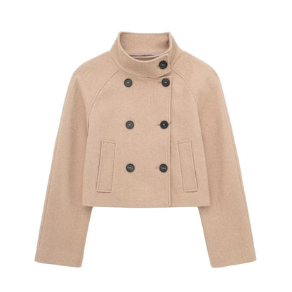 maoxiangshop -  Women's Winter Crop Jakcet Casual Long Sleeve Double Breasted Stand Collar Wool Blend Coat Female Fashion Chic Top Y2K