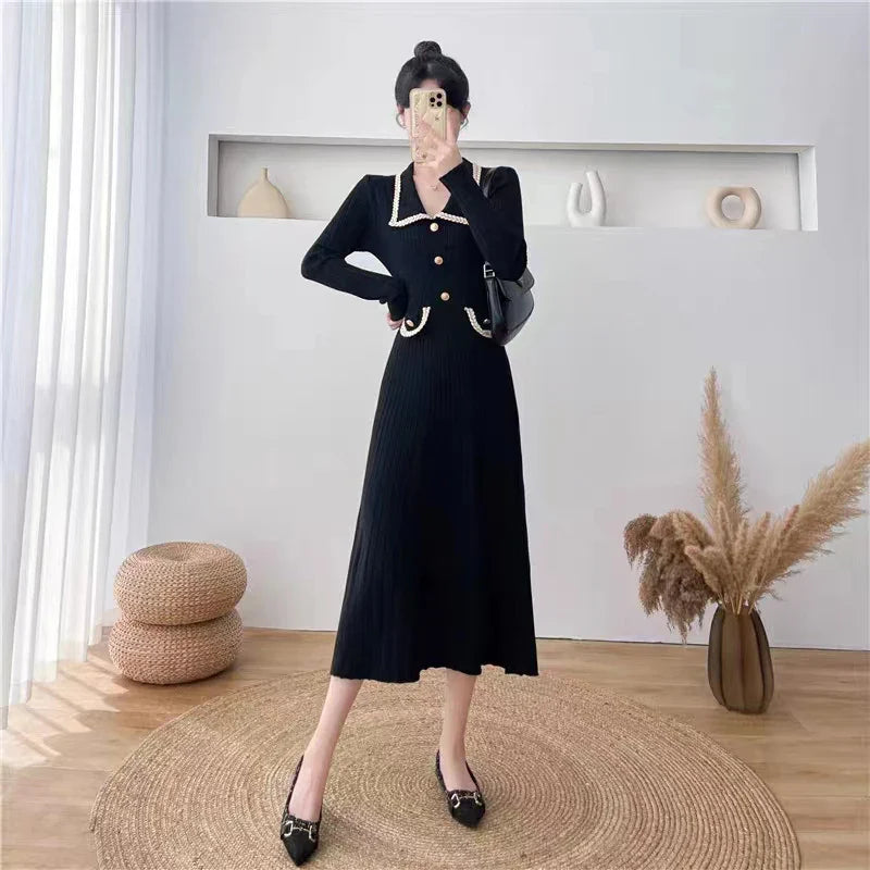 Elegant Knitted Midi Dress Women Black Long Sleeve Sweater Dresses Fall Winter Ladies Korean Fashion Bodycon Vestidos New