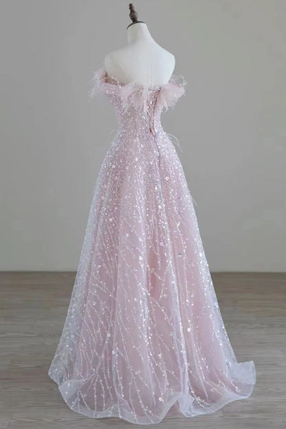 maoxiangshop Luxury Pink feather Prom dresses women advanced light luxury a word shoulder fairy Evening dress high-end party gown