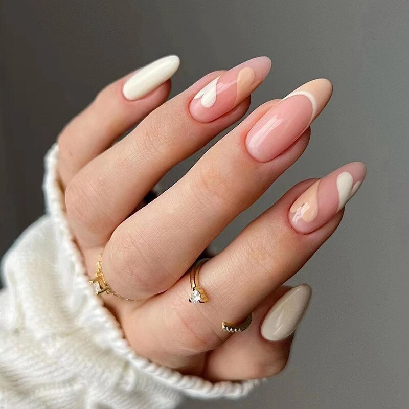 24Pcs French Almond Fake Nails with Rhinestone Wearable Stiletto Acrylic False Nails with Glue White Edge Design Press on Nails