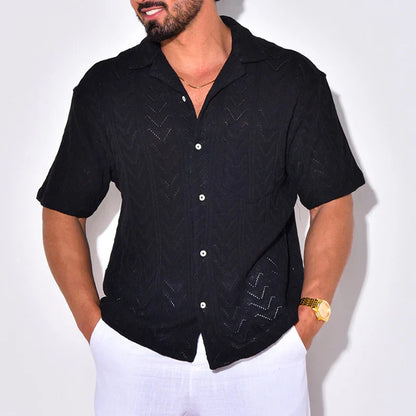 maoxiangshop Summer Trendy Breathable Knit Mens Shirt Short Sleeve Lapel Buttoned Knitted Tops Beach Style Vintage Jacquard Crochet Knitwear