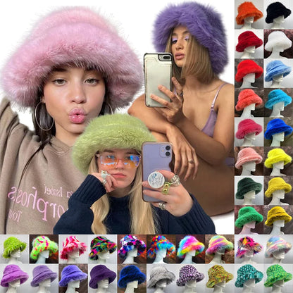 maoxiangshop  -  Luxury Ins Hot Y2k Girls Faux Fox Fur Bucket Hat Women Winter Warm Rabbit Fur Plush Fisherman Hat Cap Festival Party Ski Panama