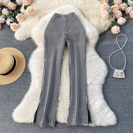 maoxiangshop Houndstooth Print Long Pants High Waist Vintage Long Trousers Women New Spring Autumn Slim Split Hem Casual Female Patns