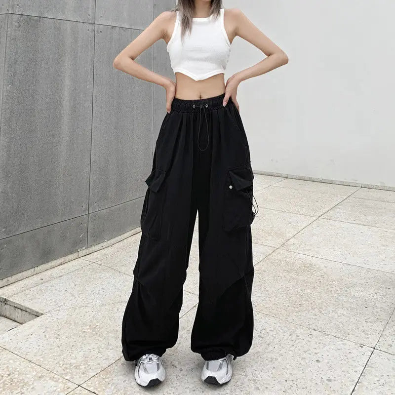 Women Casual Tech Pants Drawstring Black Low Waist Wide Leg Trousers Oversized Sweatpant Baggy Joggers Y2k Streetwear Cargo Pant