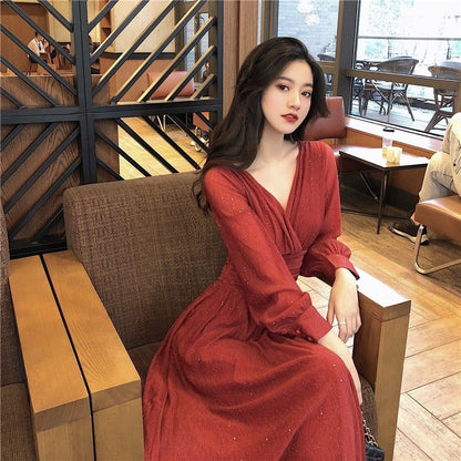 maoxiangshop Vintage Sexy Maxi Dresses for Women Party Sequin Midi Dress Female Casual Chiffon Slim Korean Woman Dress Elegant Autumn