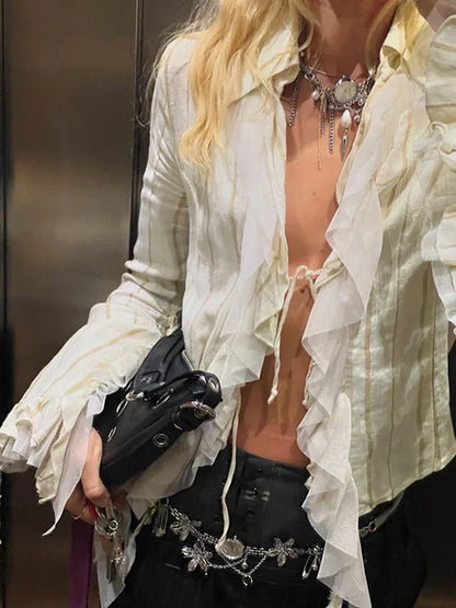 maoxiangshop  -  Sexy Hollow Lace Up Lapel Cardigan Top Female Ruffled Splice Slim Hot Girl T Shirt Fashion Long Sleeve Solid Autumn New