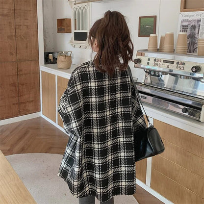 maoxiangshop Grunge Oversized Checkered Shirt for Women Long Sleeve Collared Button Up Shirt Jacket Ladies Outfit