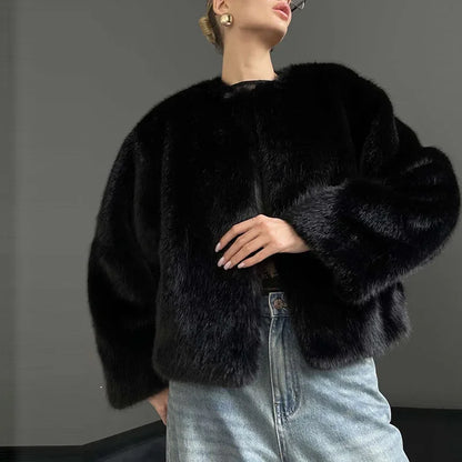 maoxiangshop  -  Elegant Faux Fur Women Coat Thicken Full Sleeve O Neck Lady Short Jacket 2024 Autumn Winter Warm Highstreet Female Outwear
