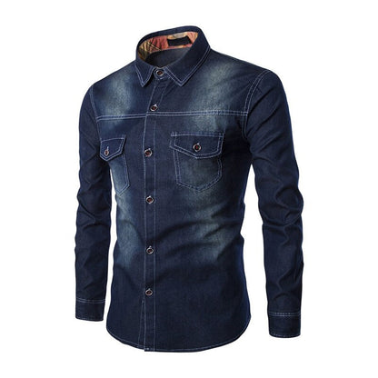 maoxiangshop Fashion Mens Denim Shirt Long Sleeve Plus Size Cotton Jeans Cardigan Casual Slim Fit Shirts Men Two-pocket Tops Clothing M-6XL