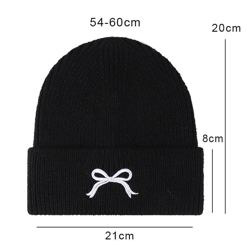 maoxiangshop  -  Winter Knitted Hat for Women Girls Bow Embroidery Woolen Beanies Korean Y2K Bowknot Hip Hop Caps Thick Elastic Ear Warmer Bonnet