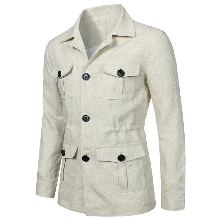 maoxiangshop New Spring Linen Jacket Men Multiple Pockets Cargo Jacket Male Fashion Casual Button Coat Plus Size 5XL