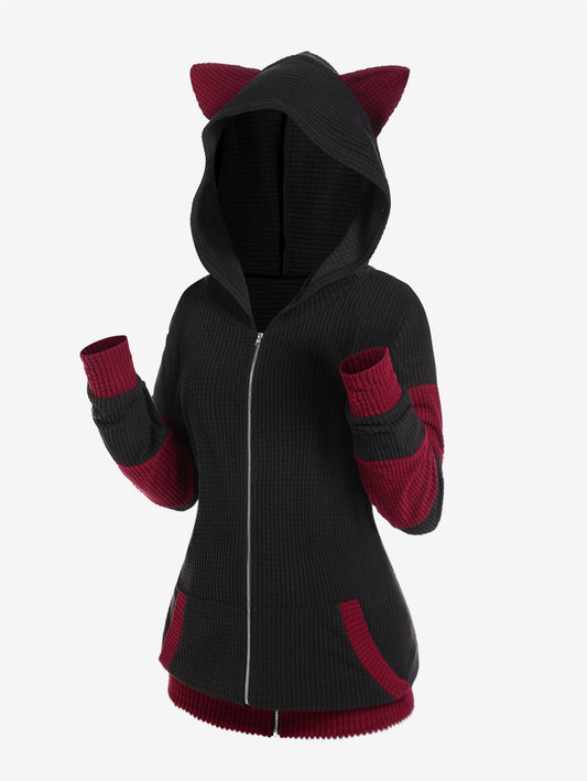 Cute Fall,Winter Women Colorblock Jacket Cat Ear Ribbed Hooded Warm Long Sleeve Zipper Coat 4XL Outwear Tops New Arrival