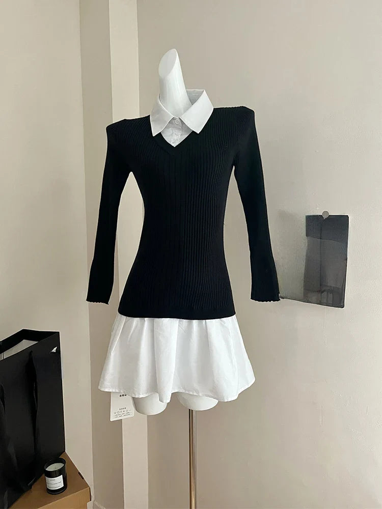 Summer Preppy Style Fake Two Pieces Mini Knitted Shirts Dress Women Gyaru 2000s Aesthetic Vintage Long Sleeve One-Piece