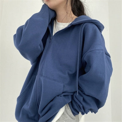 Women Hoodies Autumn Retro Solid Color Zip Up Oversized Sweatshirts Harajuku Korean Version Long Sleeve Hooded Jackets Coat