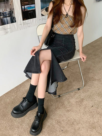 maoxiangshop Black Denim Long Skirt Women Vintage High Waist Split Bodycon Ruffles Pencil Mermaid Midi Skirt Summer Japanese Fashion