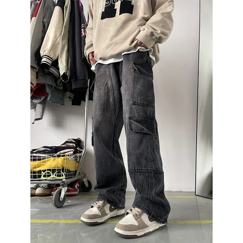 maoxiangshop Men's Patchwork Blue Cargo Jeans Unisex Straight Casual Trousers Men Muti-pockets Hip Hop Streetwear 90s Vintage Fashion Pants