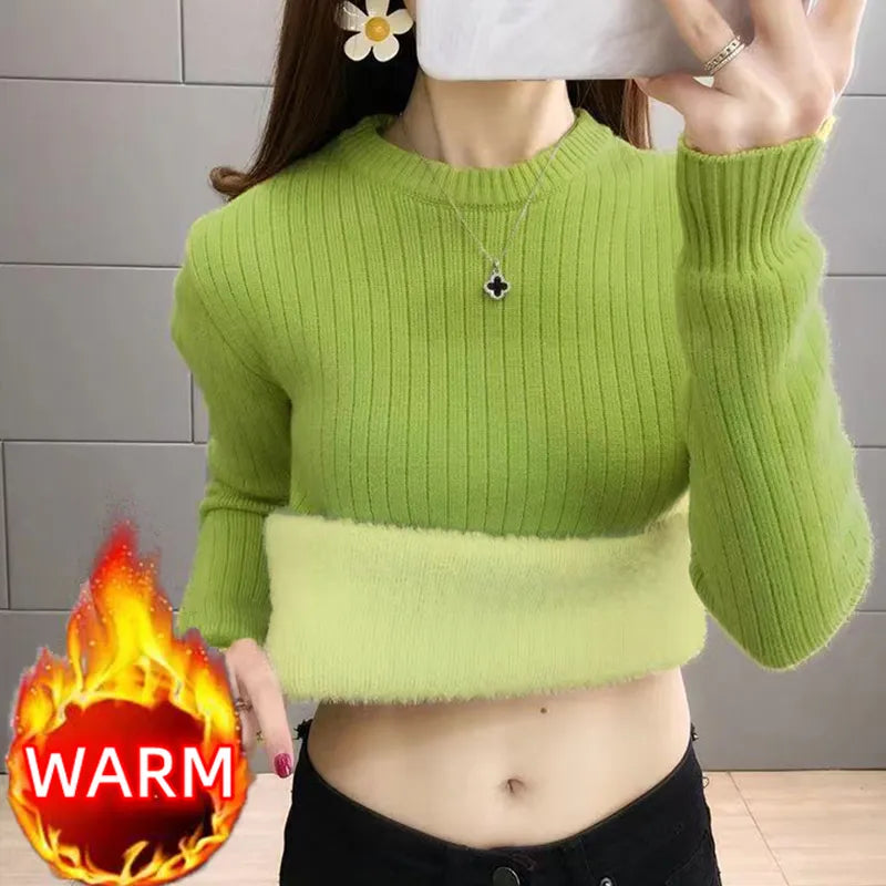 maoxiangshop Turtleneck Winter Sweater Women Elegant Thicken Velvet Lined Warm Sueter Fleece Knitted Pullover Slim Top Jersey Knitwear Jumper