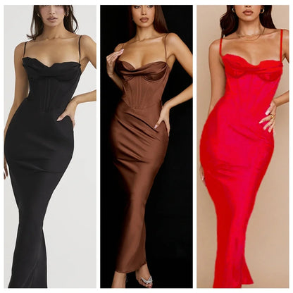 Summer Satin Maxi Bodycon Dress Sexy Event Night Wedding Guest Dress Women Corset Party Dresses Pink Slit Dress High Quality