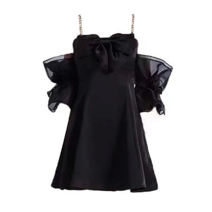 Fairycore Korean Style Black Cabaret Dress Women Y2k Off Shoulder Mini Party Dresses Cute One Piece Tunic Mesh Vestidos