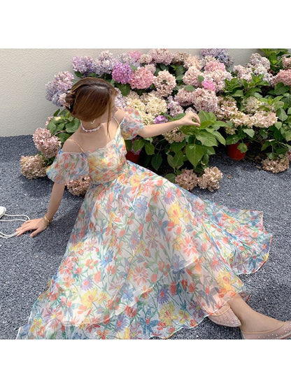 maoxiangshop Women's Skirts Long Dress Fairy Dress French Puff Sleeve Floral Dress Sweet Gauze Bandage Beach Dress Birthday Dress for Women