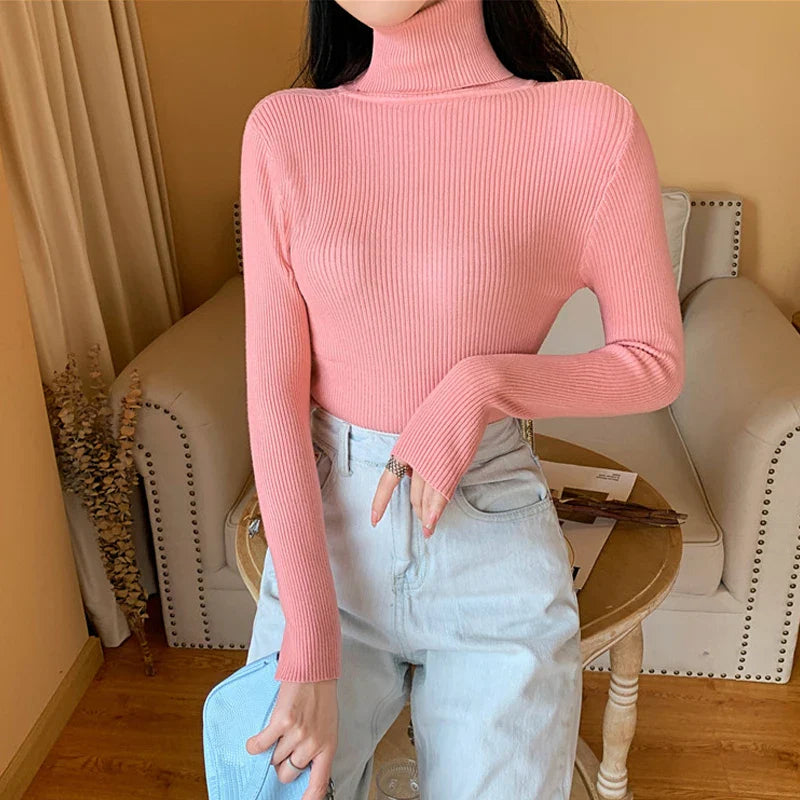 maoxiangshop 2024 Autumn Winter Women Long Sleeve Knitted Foldover Turtleneck Ribbed Pull Sweater Soft Warm Femme Jumper Pullover Clothes