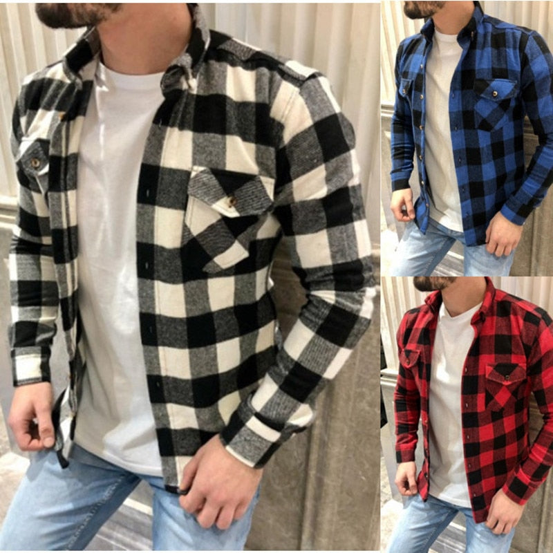 Autumn Casual Plaid Flannel Shirt Men Long-Sleeved Chest Two Pocket Design Fashion Printed-Turn-down Collar Button Shirt M-3XL