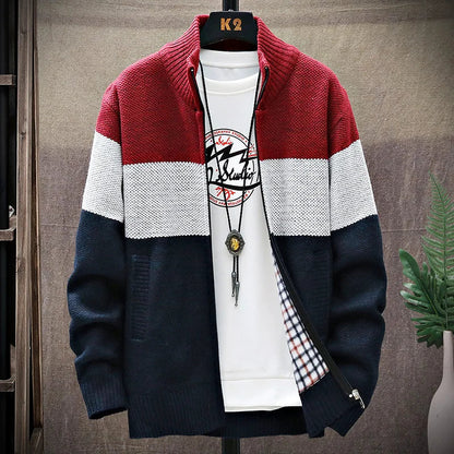 maoxiangshop Winter Men Sweater Add Velvet Cardigan Patchwork Color Stand Collar Male Casual Zipper Knitted Thick Warm Sweatercoat